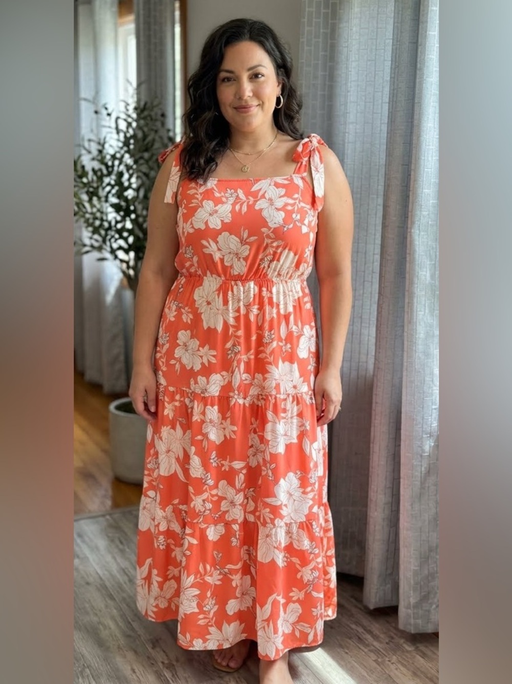Floral Coral and White Tie-Shoulder Smocked Maxi Dress Beach Dainty Cottagecore